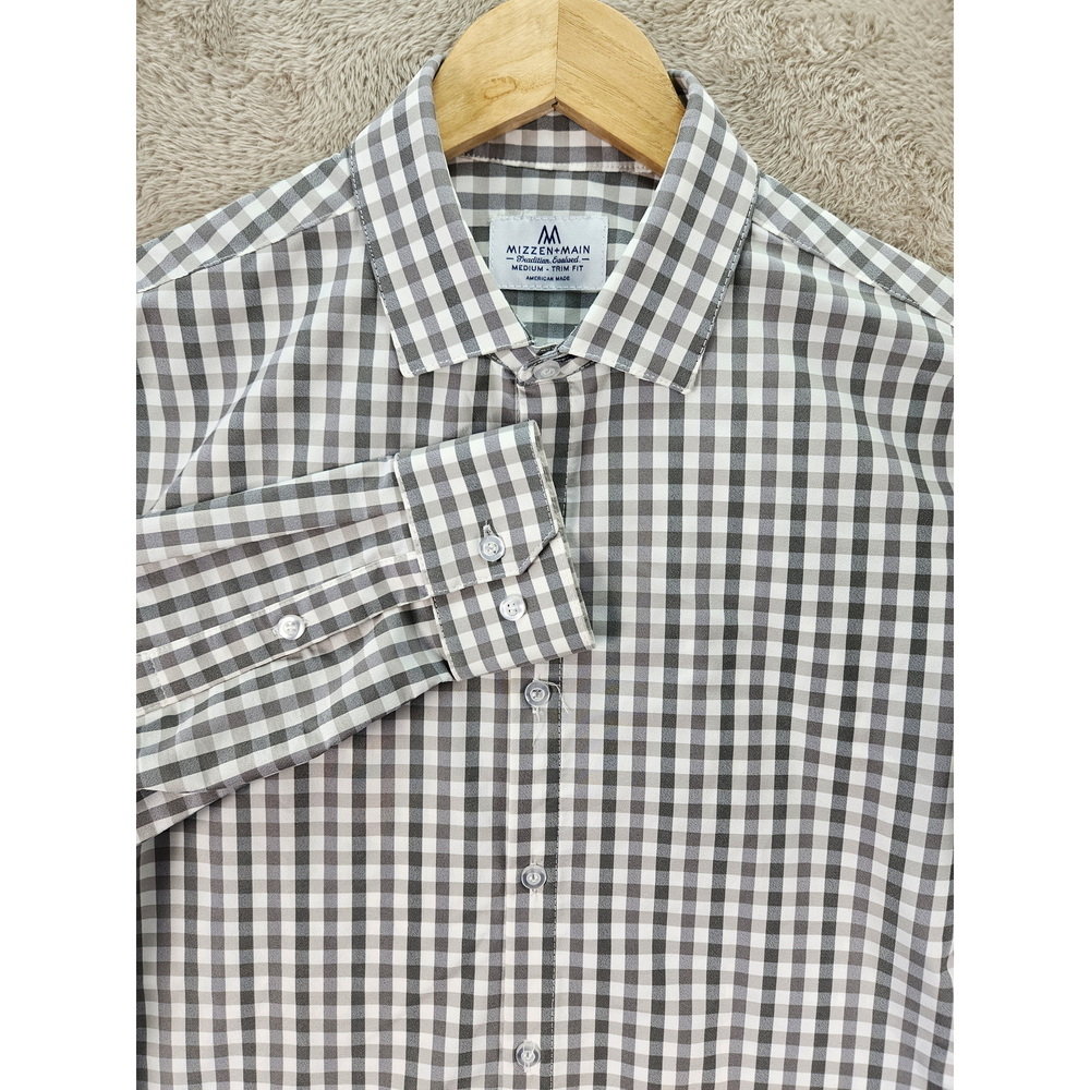 Mizzen+Main American Made Trim Fit Shirt Men's Size M Brown White Plaid Gingham